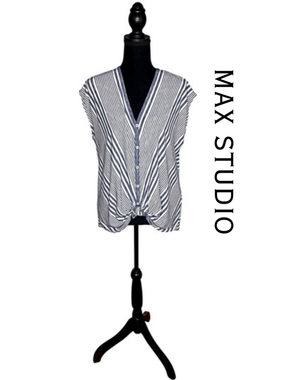 Max Studio White Navy Striped Button Front Knit Tie Waist Top Womens sz M EUC!